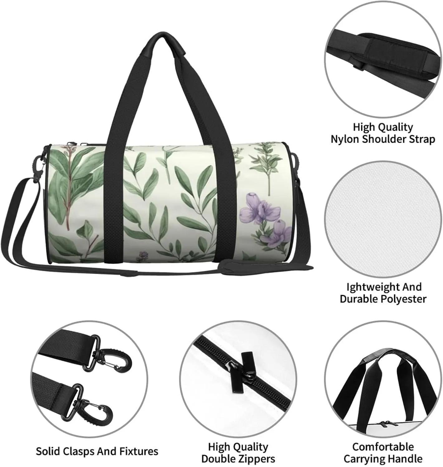 Gym Bags Small Green Flower Leaves Duffel Bag Overnight Bag with Shoe Compartment Carryon Bag for Men Women