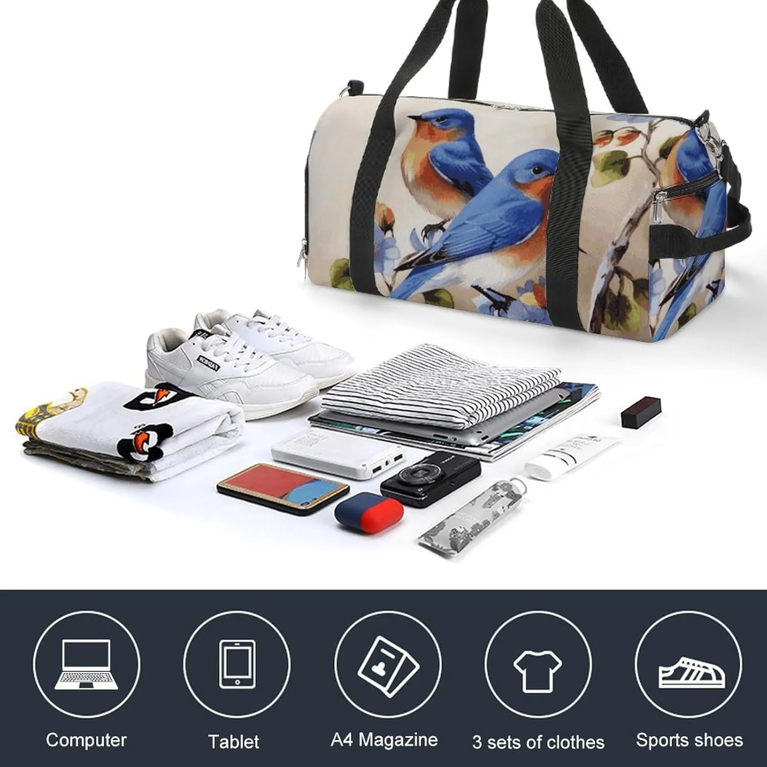 Gym Bags Small Happy Bluebirds Duffel Bag Overnight Bag with Shoe Compartment Carryon Bag for Men Women