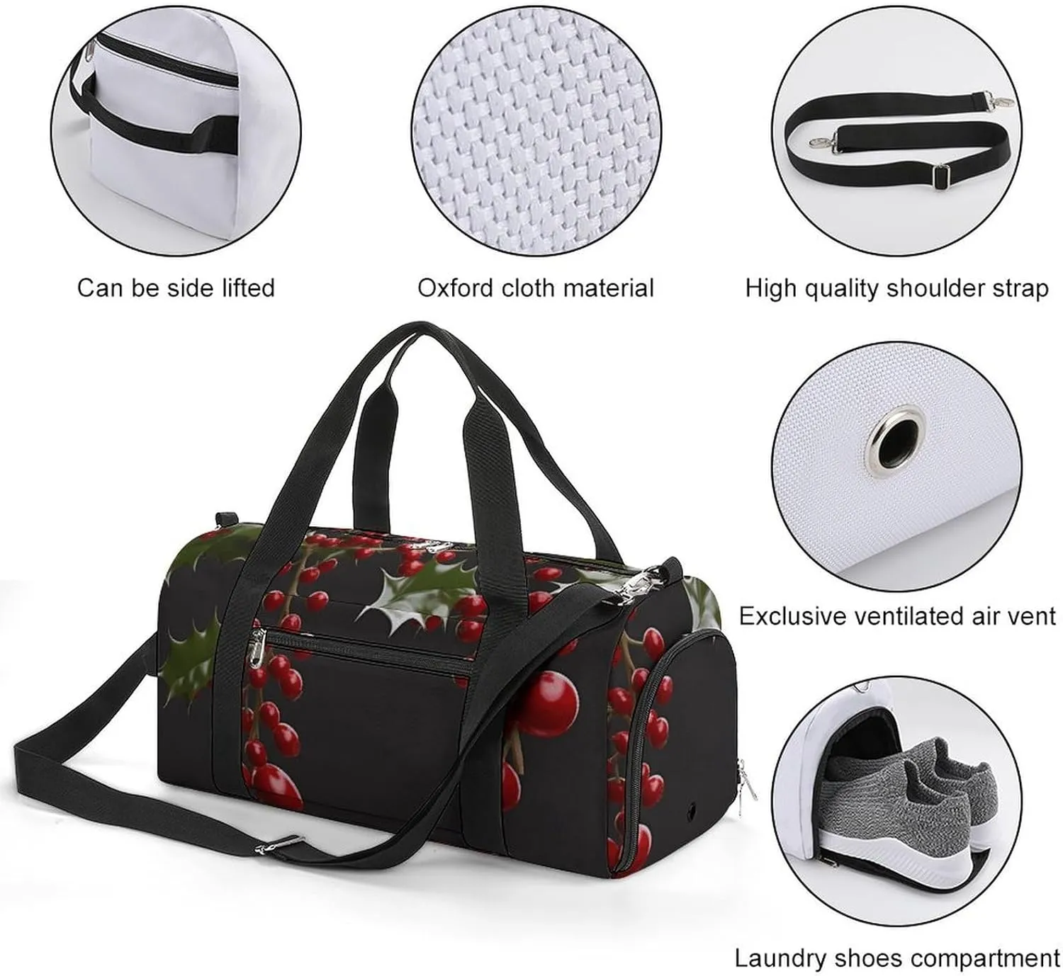 Gym Bags Small Holly Berry Branches Duffel Bag Overnight Bag with Shoe Compartment Carryon Bag for Men Women