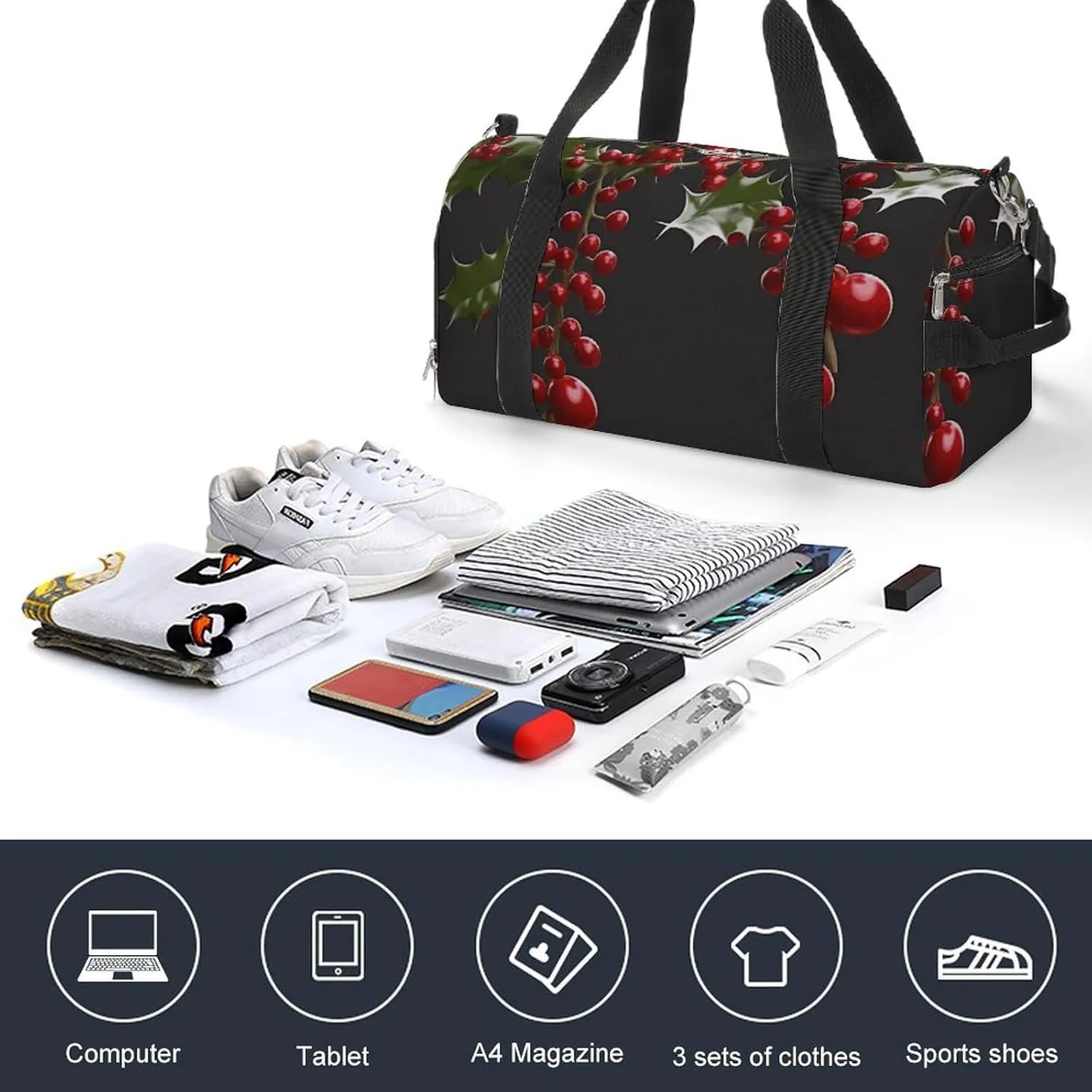 Gym Bags Small Holly Berry Branches Duffel Bag Overnight Bag with Shoe Compartment Carryon Bag for Men Women