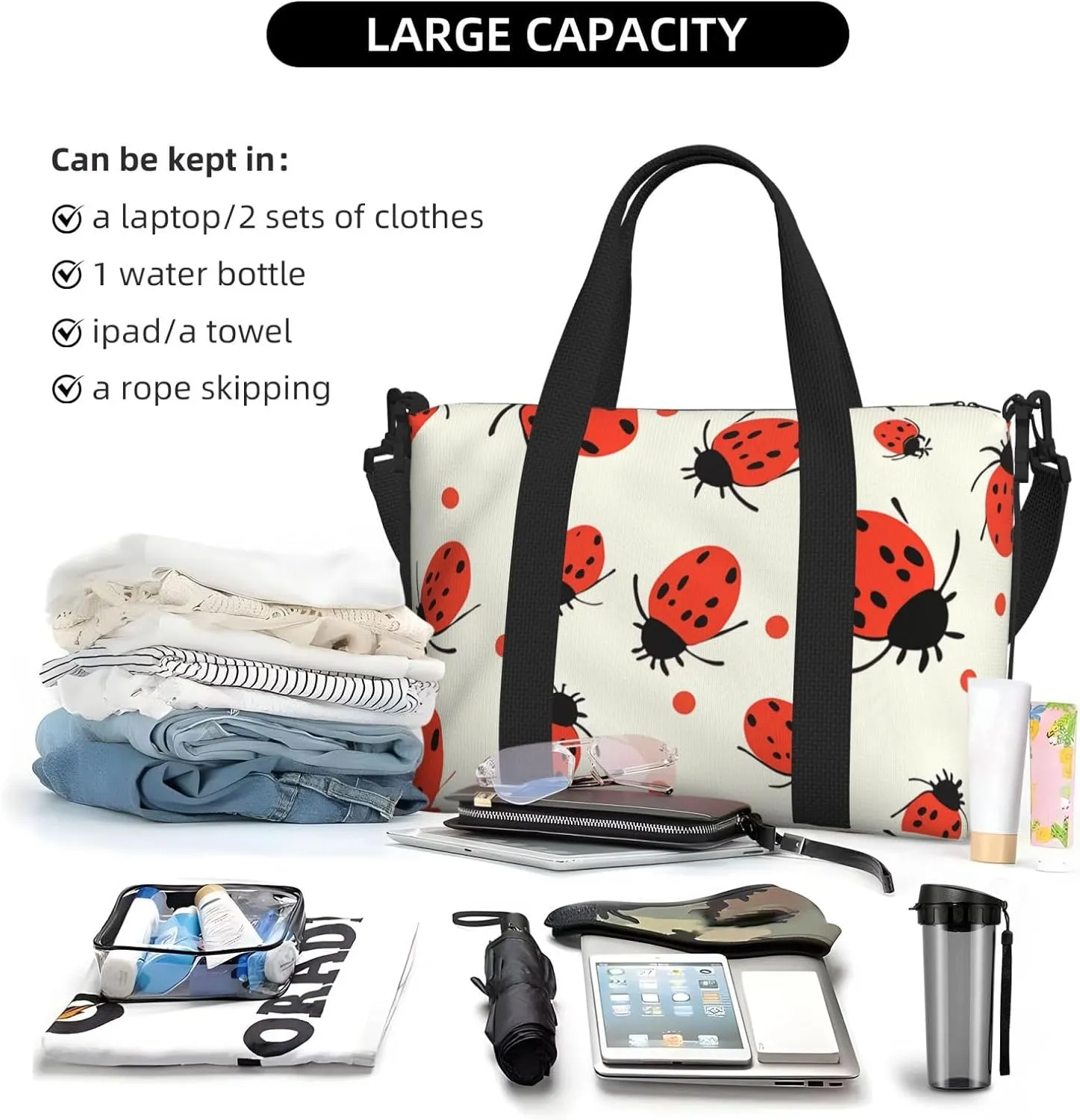 Gym Bags Small Ladybugs Pattern Duffel Bag Overnight Bag with Shoe Compartment Carryon Bag for Men Women