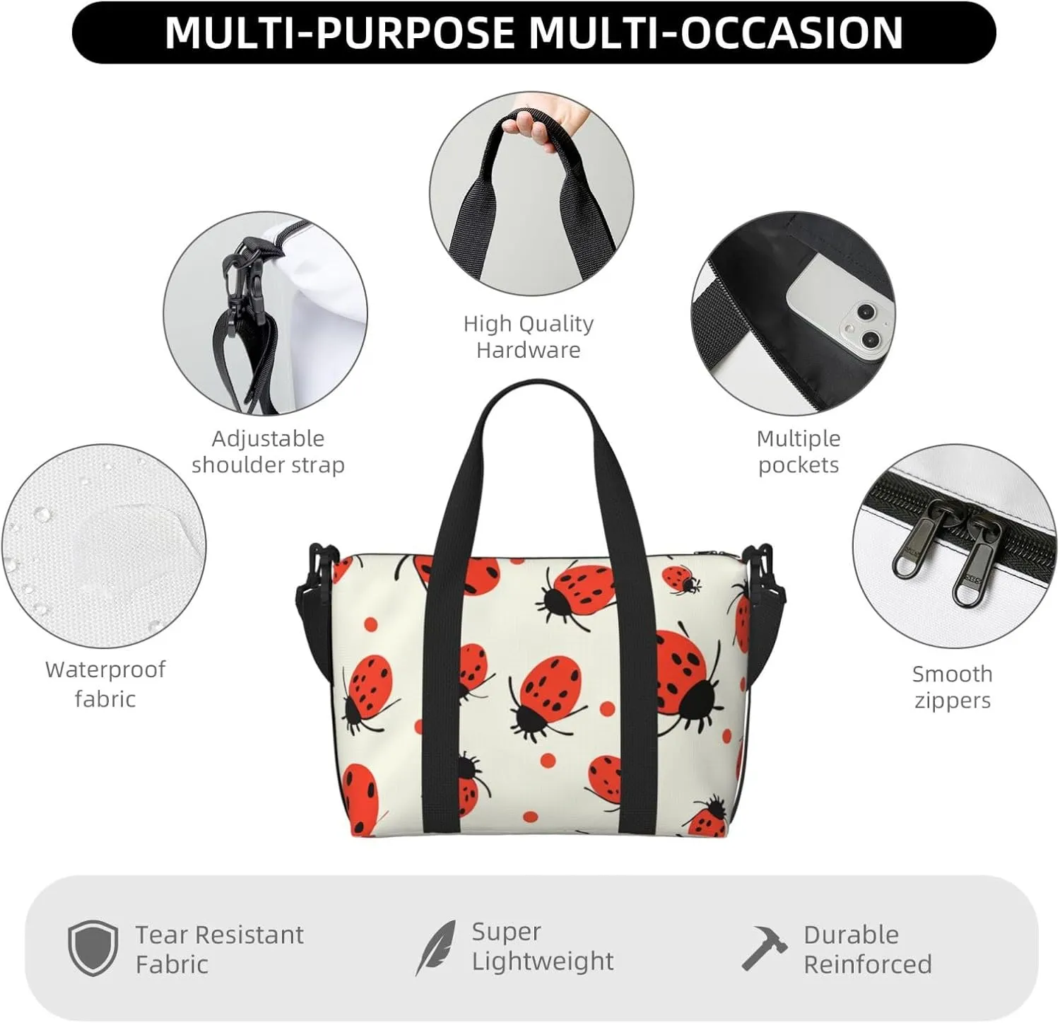 Gym Bags Small Ladybugs Pattern Duffel Bag Overnight Bag with Shoe Compartment Carryon Bag for Men Women