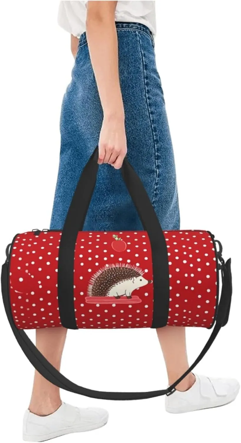 Gym Bags Small Red polka dot hedgehog Duffel Bag Overnight Bag with Shoe Compartment Carryon Bag for Men Women