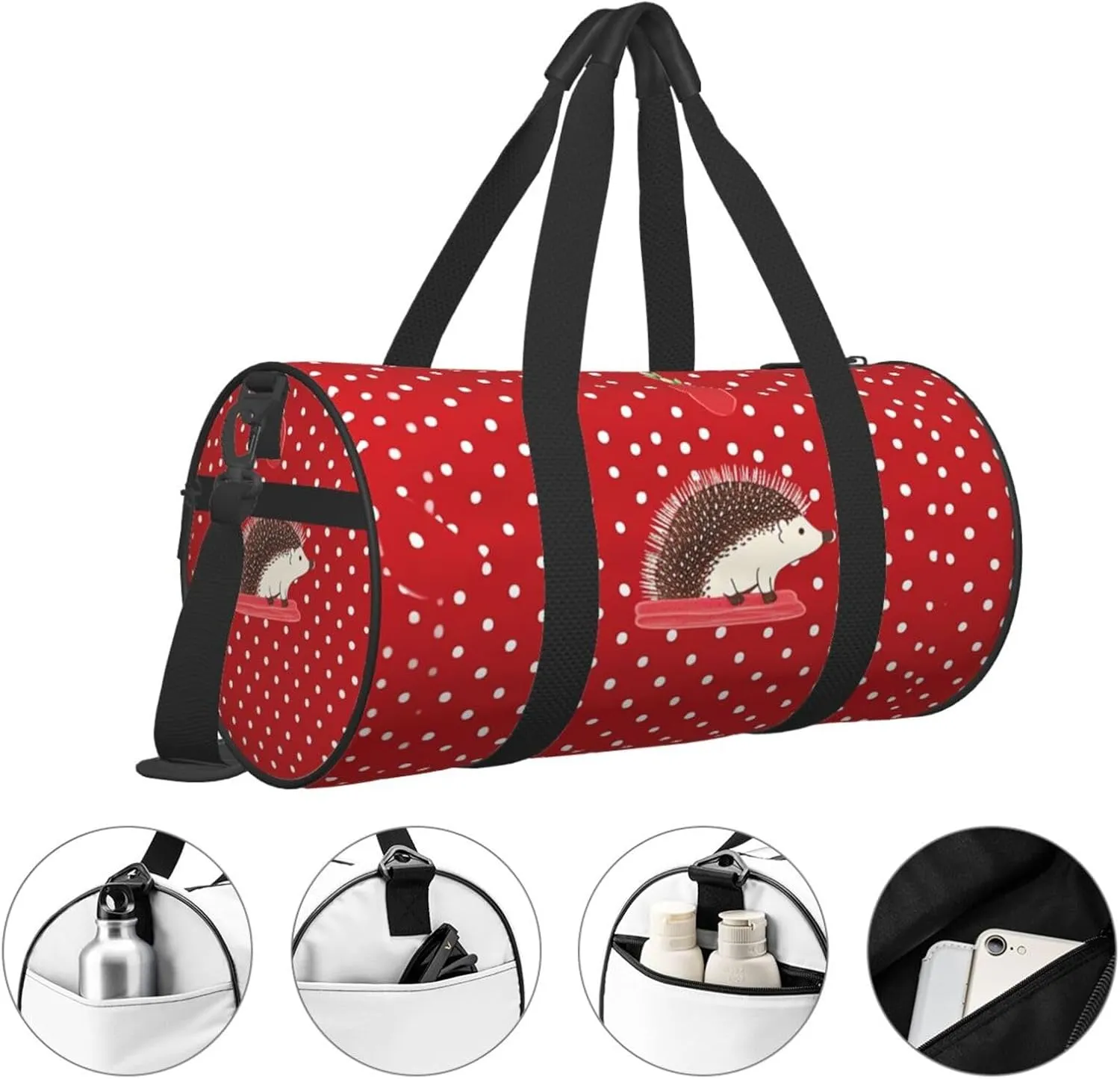 Gym Bags Small Red polka dot hedgehog Duffel Bag Overnight Bag with Shoe Compartment Carryon Bag for Men Women