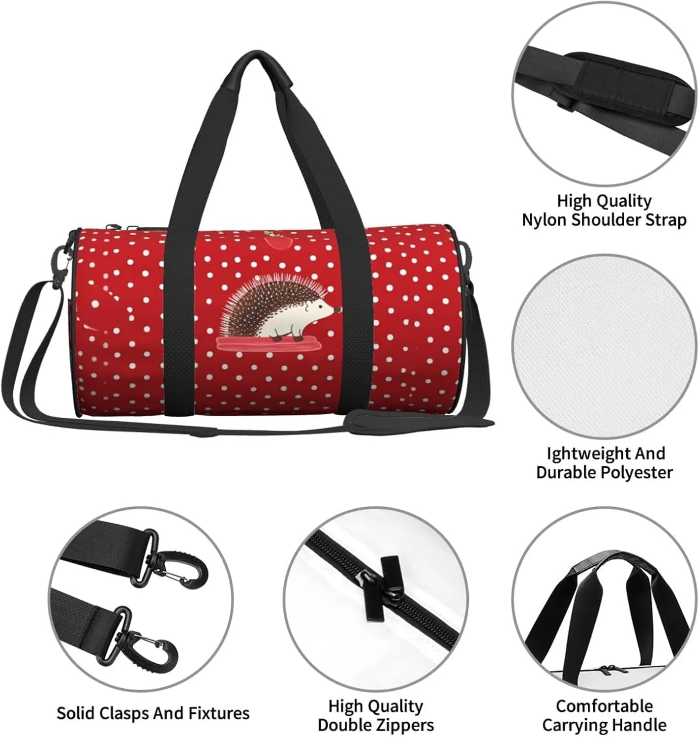 Gym Bags Small Red polka dot hedgehog Duffel Bag Overnight Bag with Shoe Compartment Carryon Bag for Men Women