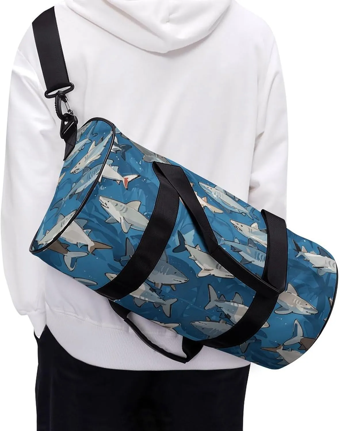 Gym Bags Small Sharks Pattern Duffel Bag Overnight Bag with Shoe Compartment Carryon Bag for Men Women
