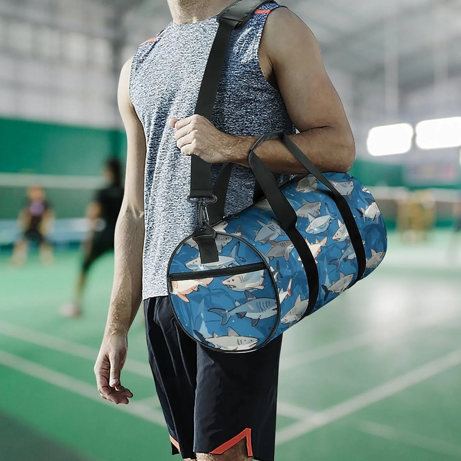 Gym Bags Small Sharks Pattern Duffel Bag Overnight Bag with Shoe Compartment Carryon Bag for Men Women