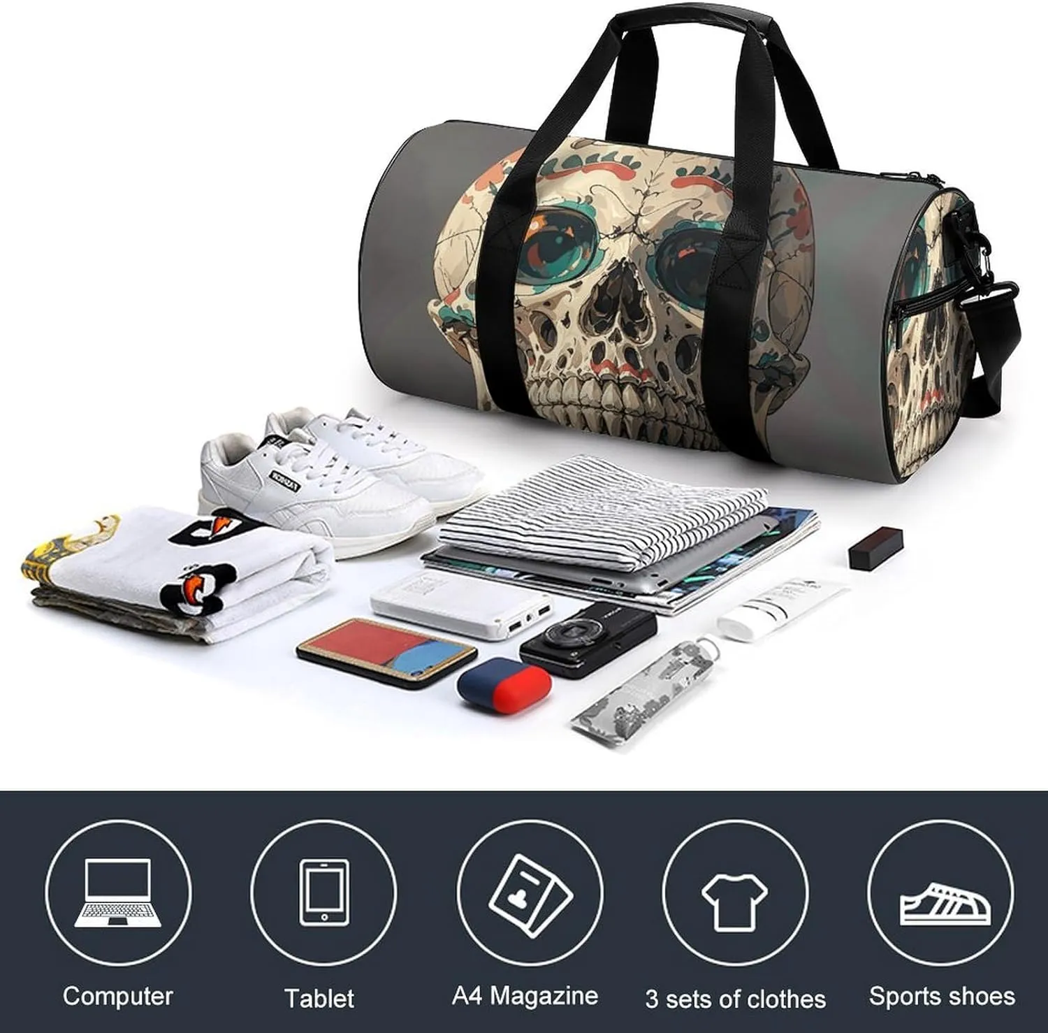 Gym Bags Small Skull Rock Roll Skeleton Bone Duffel Bag Overnight Bag with Shoe Compartment Carryon Bag for Men Women