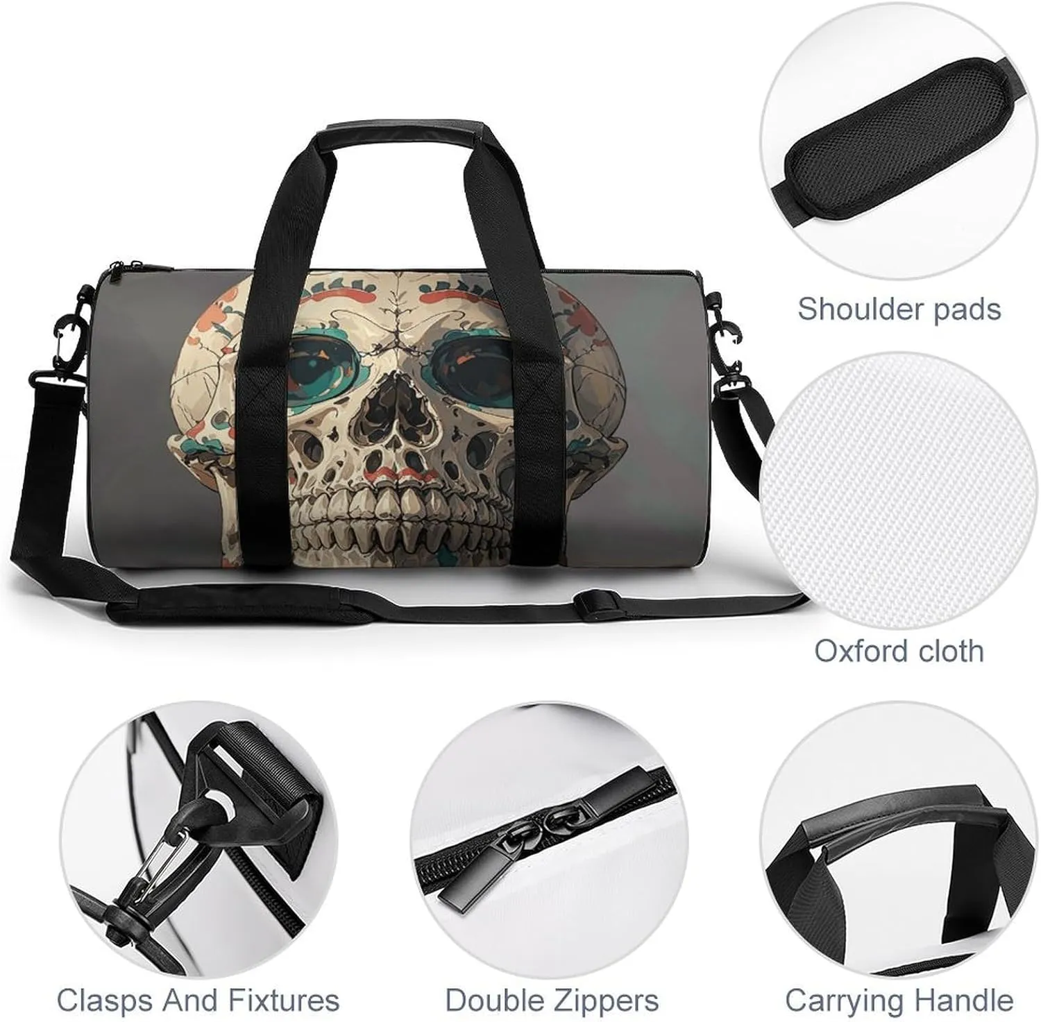 Gym Bags Small Skull Rock Roll Skeleton Bone Duffel Bag Overnight Bag with Shoe Compartment Carryon Bag for Men Women