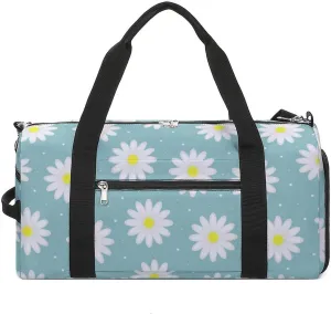 Gym Duffel Bag with Shoe Compartment Wet Pocket, Chamomile Flowers Blue Travel Bag for Men Women