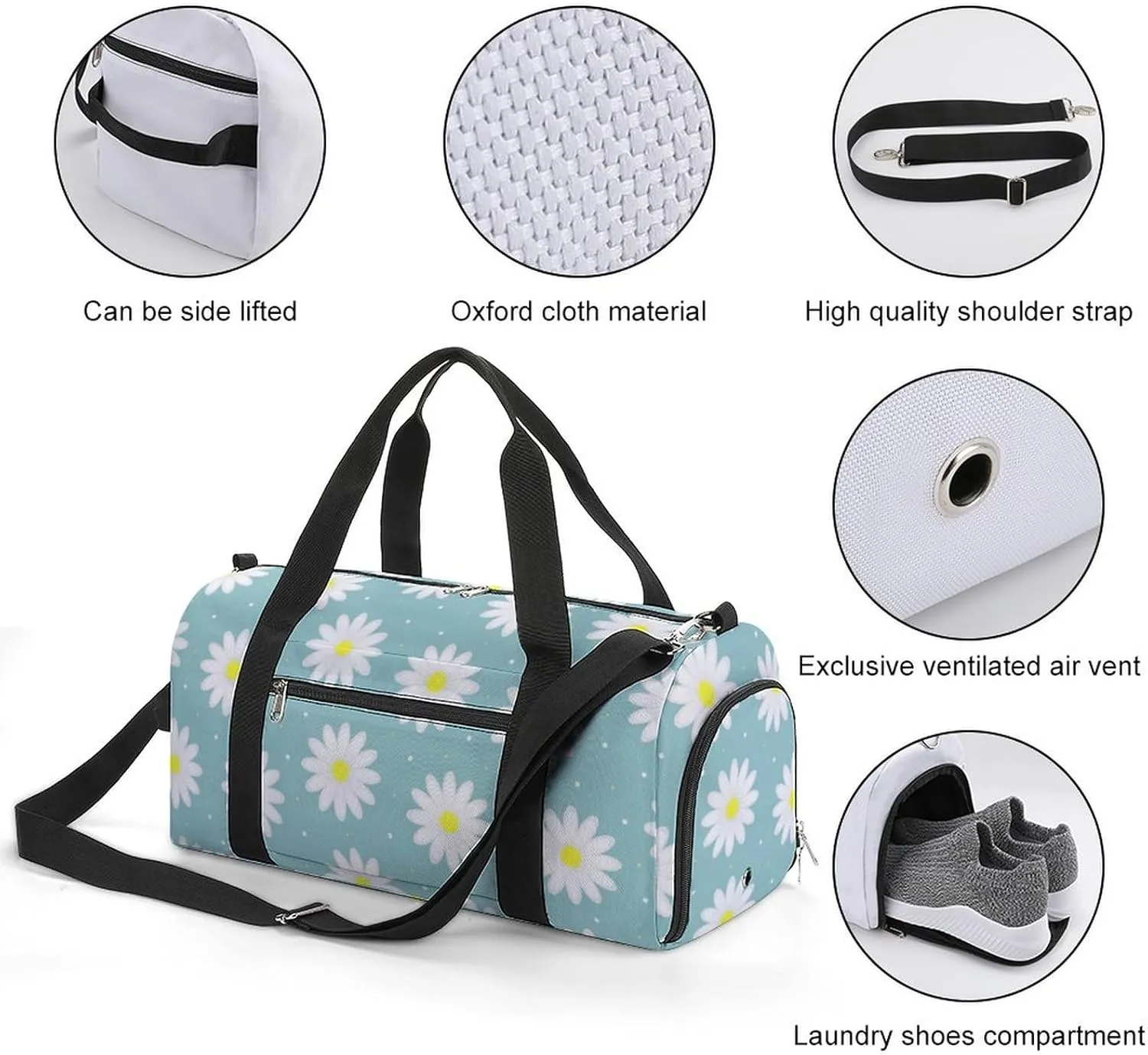 Gym Duffel Bag with Shoe Compartment Wet Pocket, Chamomile Flowers Blue Travel Bag for Men Women