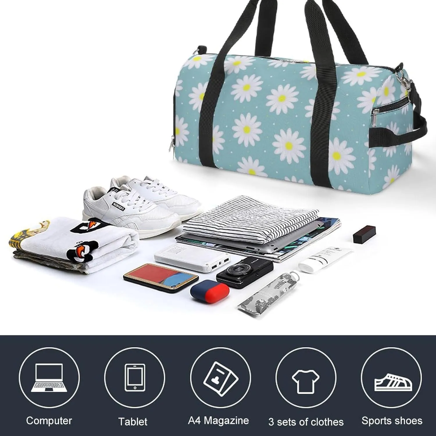 Gym Duffel Bag with Shoe Compartment Wet Pocket, Chamomile Flowers Blue Travel Bag for Men Women