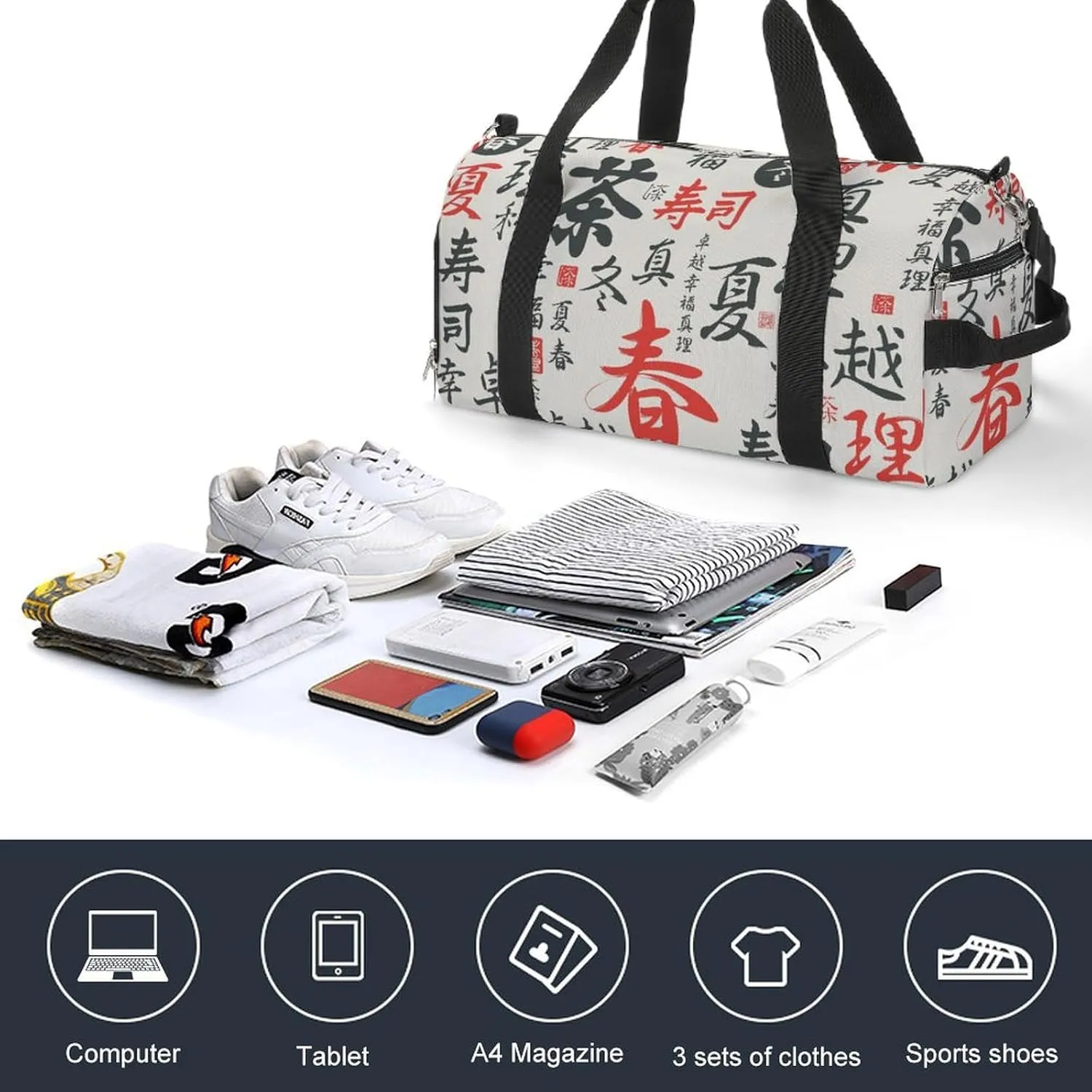 Gym Duffel Bag with Shoe Compartment Wet Pocket, Chinese Style Travel Bag for Men Women