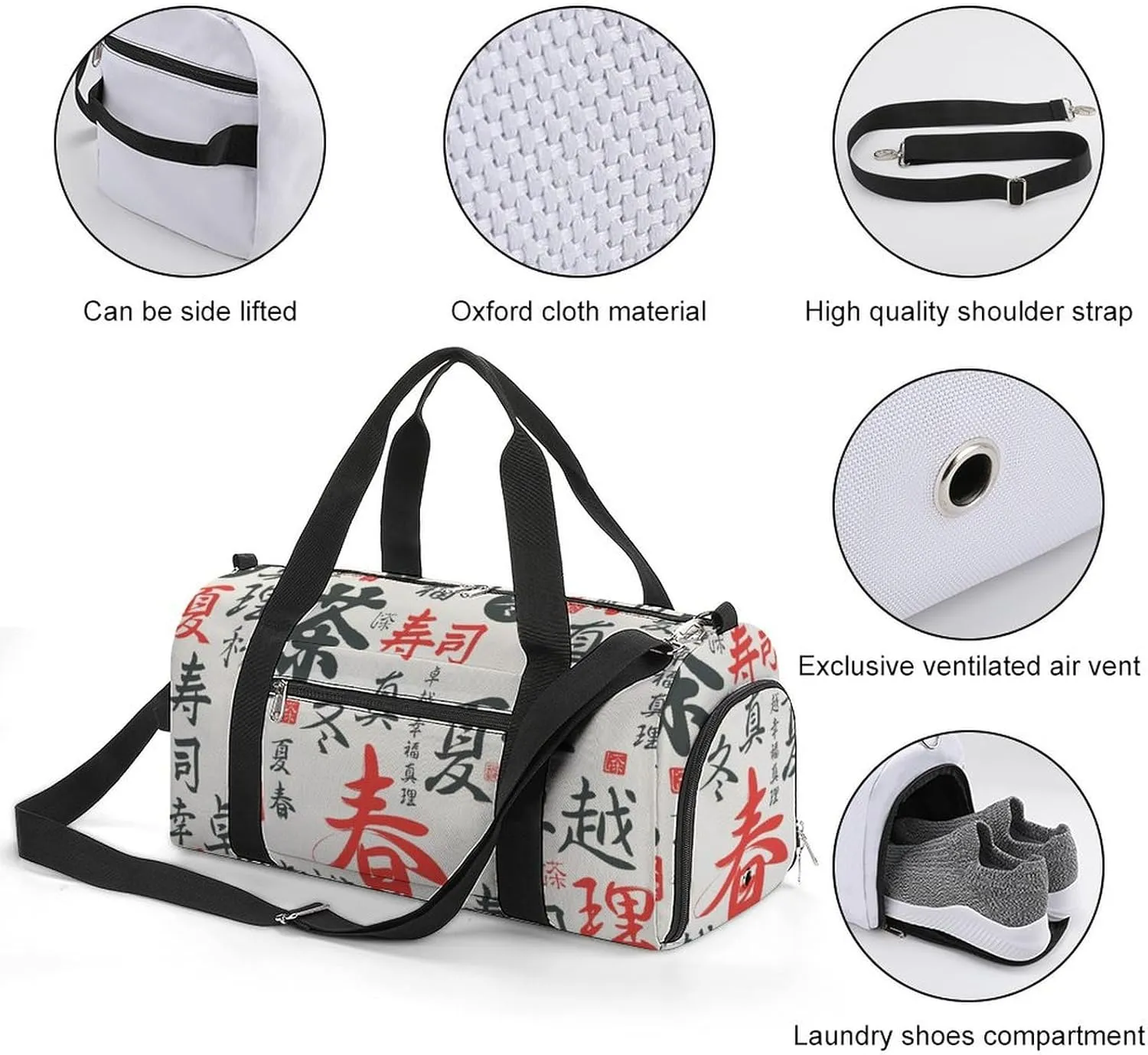 Gym Duffel Bag with Shoe Compartment Wet Pocket, Chinese Style Travel Bag for Men Women