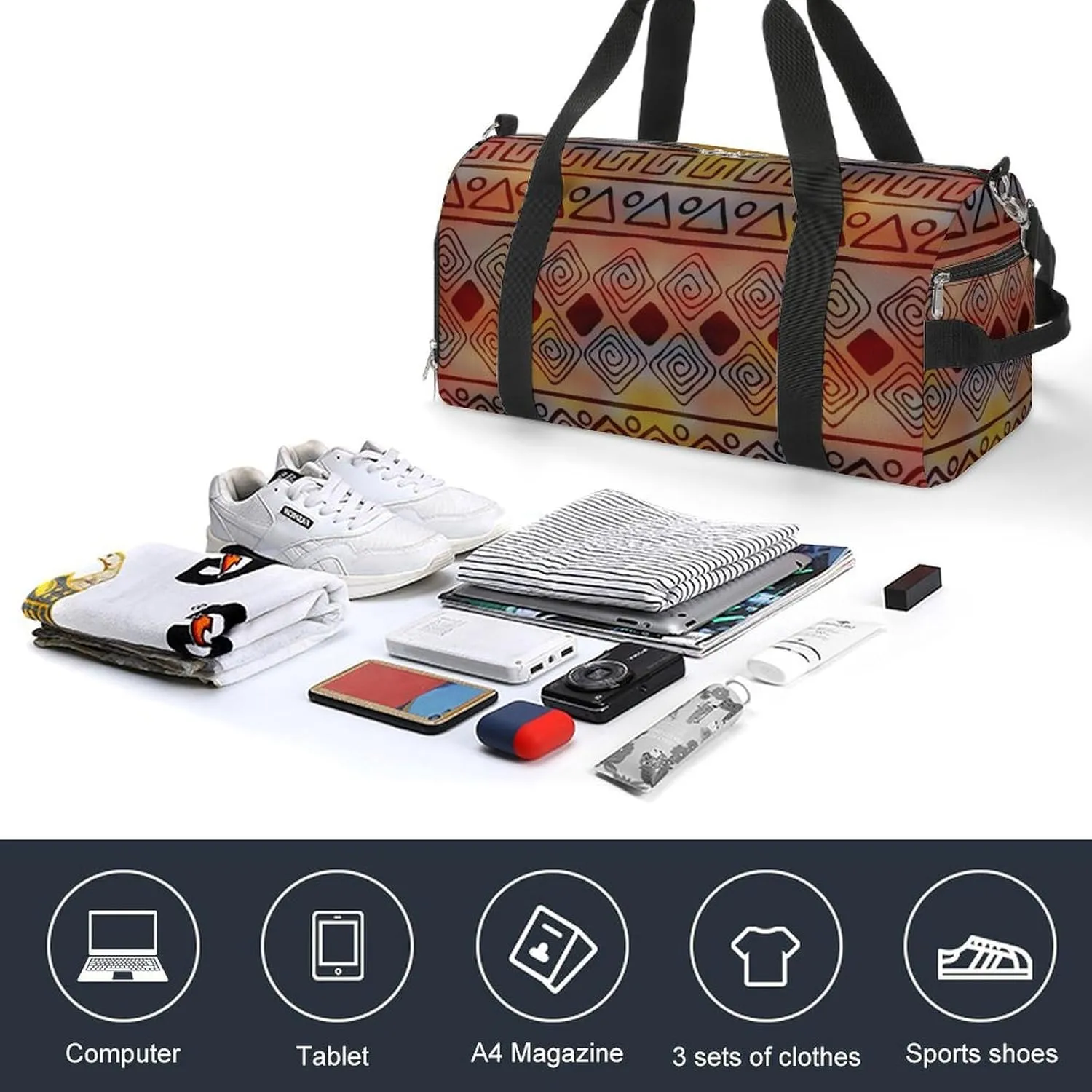Gym Duffel Bag with Shoe Compartment Wet Pocket, Ethnic African Motifs Travel Bag for Men Women, style-1