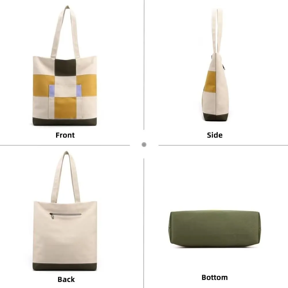 Handbag for Women Canvas Color-Block Tote Bag Large Capacity Shoulder Purse Casual Top Handle Bag with Zipper Pocket