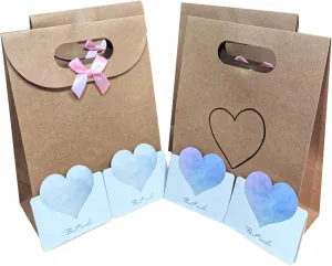 Handcrafted Baby Shower & Bridal Shower Gift Bags 4 Pack- Mother's Day Birthday Party Favors Extra Sturdy 250 GSM Kraft Paper with Flap Lid, Hand-Painted Hearts & Pink Knotted Bows