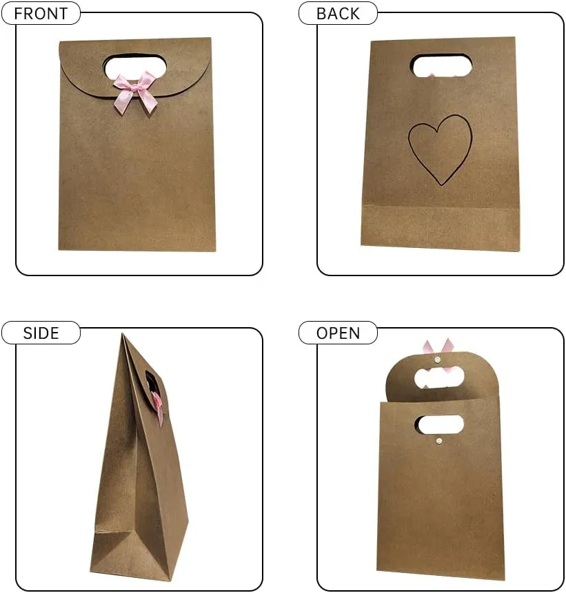 Handcrafted Baby Shower & Bridal Shower Gift Bags 4 Pack- Mother's Day Birthday Party Favors Extra Sturdy 250 GSM Kraft Paper with Flap Lid, Hand-Painted Hearts & Pink Knotted Bows