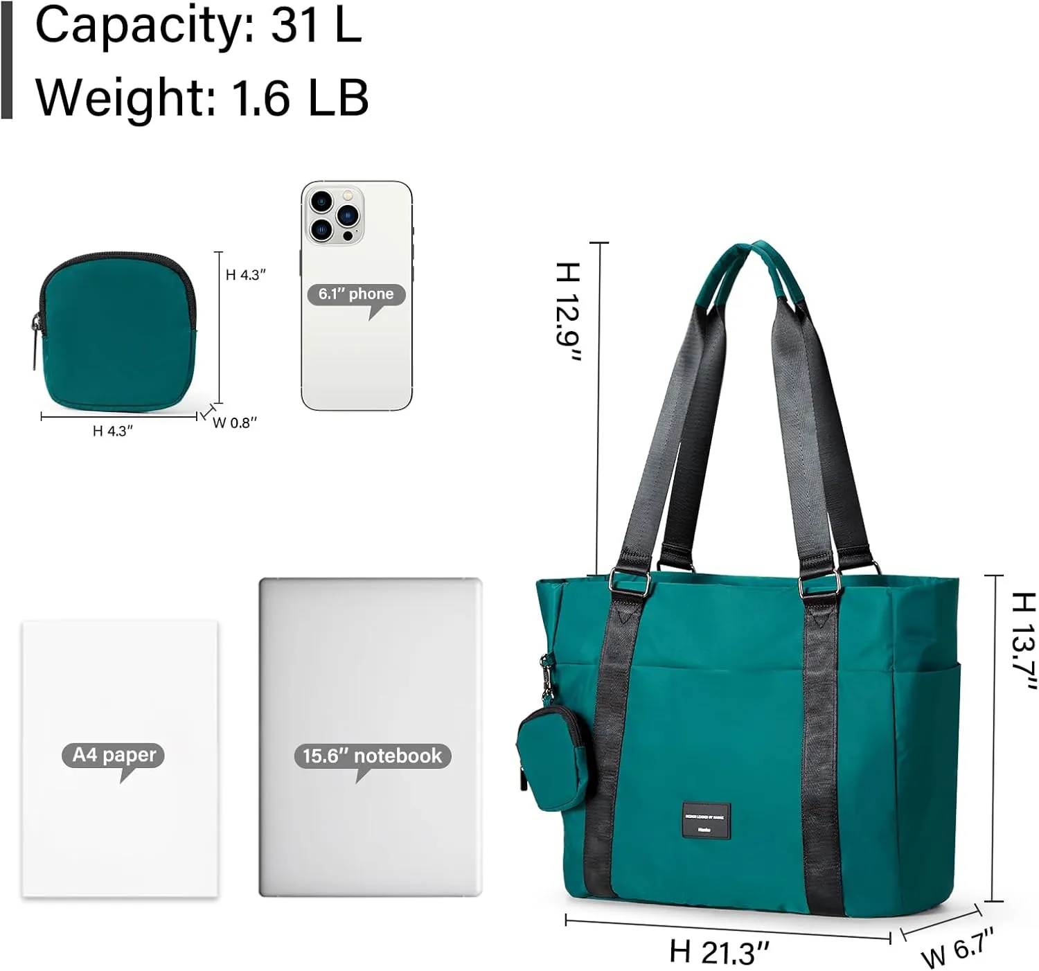 Hanke Laptop Tote - Lightweight Nylon Shoulder Bag for Work, Travel, Sports & Gym (Jungle Green)