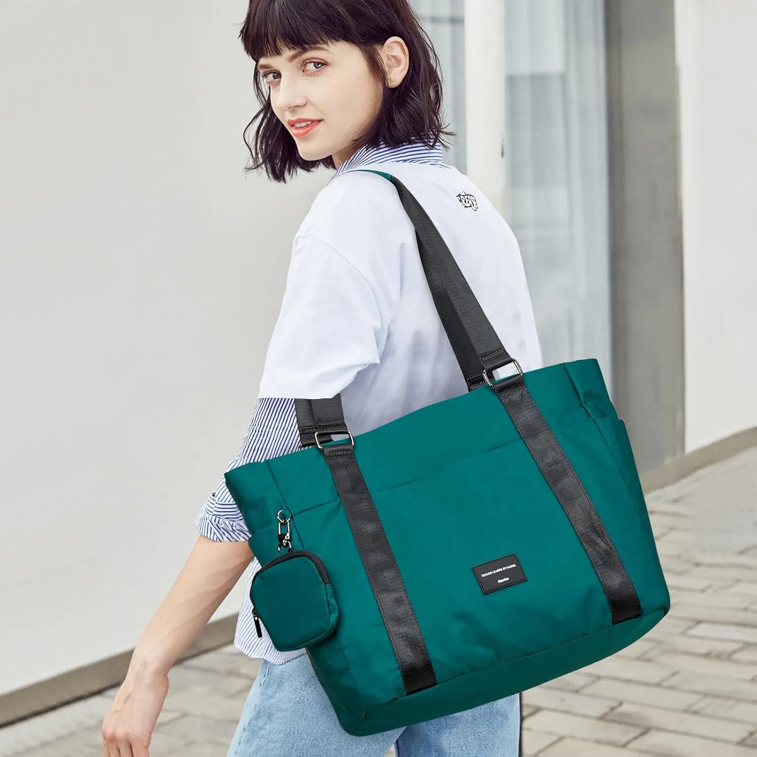 Hanke Laptop Tote - Lightweight Nylon Shoulder Bag for Work, Travel, Sports & Gym (Jungle Green)