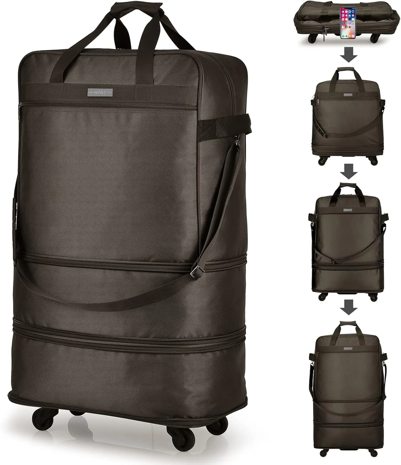 Hanke Suitcases with Wheels Expandable Foldable Luggage Bag Suitcase Collapsible Rolling Travel Bag Duffel Bag for Men Women Lightweight Suitcases without Telescoping Handle, Coffee