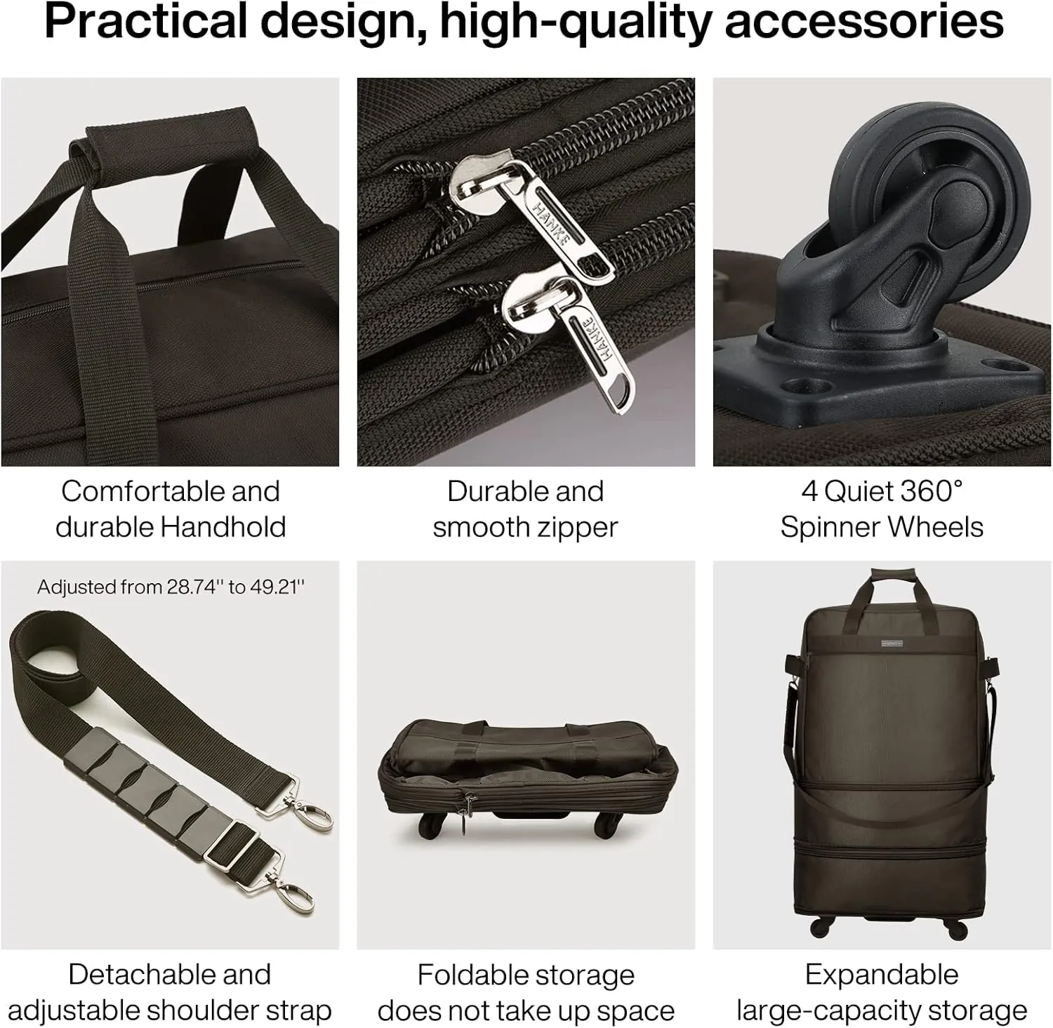 Hanke Suitcases with Wheels Expandable Foldable Luggage Bag Suitcase Collapsible Rolling Travel Bag Duffel Bag for Men Women Lightweight Suitcases without Telescoping Handle, Coffee