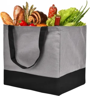 Heavy Duty Canvas Reusable Grocery Bags, 8.3 gal Foldable Large Canvas Tote with Handles, Holds 60 lbs, Eco-friendly with 5 Pockets, Grey Black