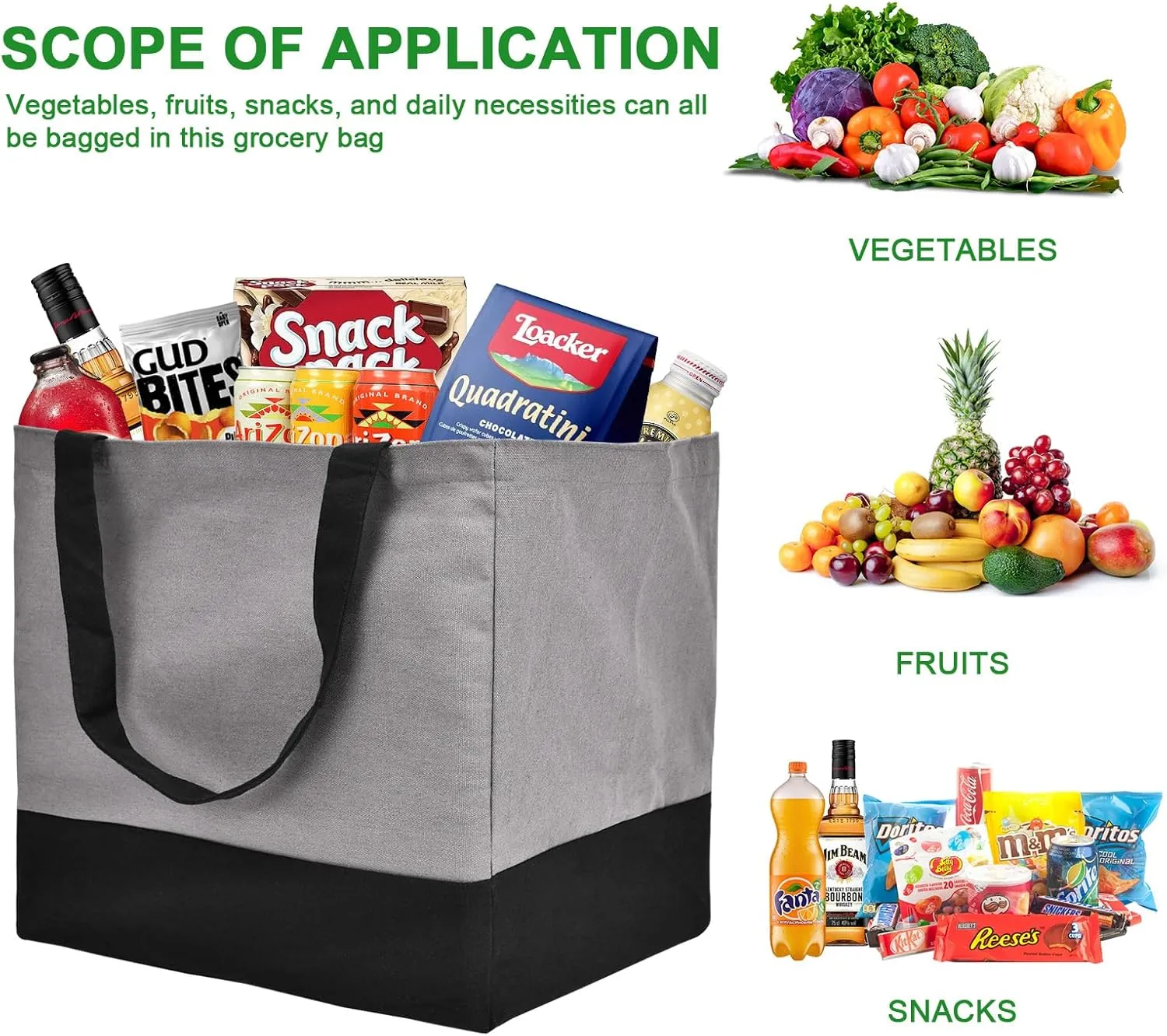 Heavy Duty Canvas Reusable Grocery Bags, 8.3 gal Foldable Large Canvas Tote with Handles, Holds 60 lbs, Eco-friendly with 5 Pockets, Grey Black