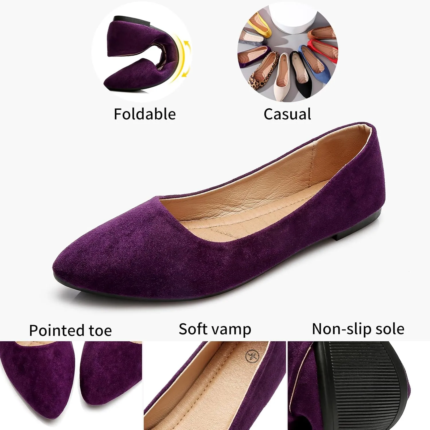 HEAWISH Women’s Black Flats Shoes Comfortable Suede Pointed Toe Slip On Casual Ballet Flats Dress Shoes Nude Flats