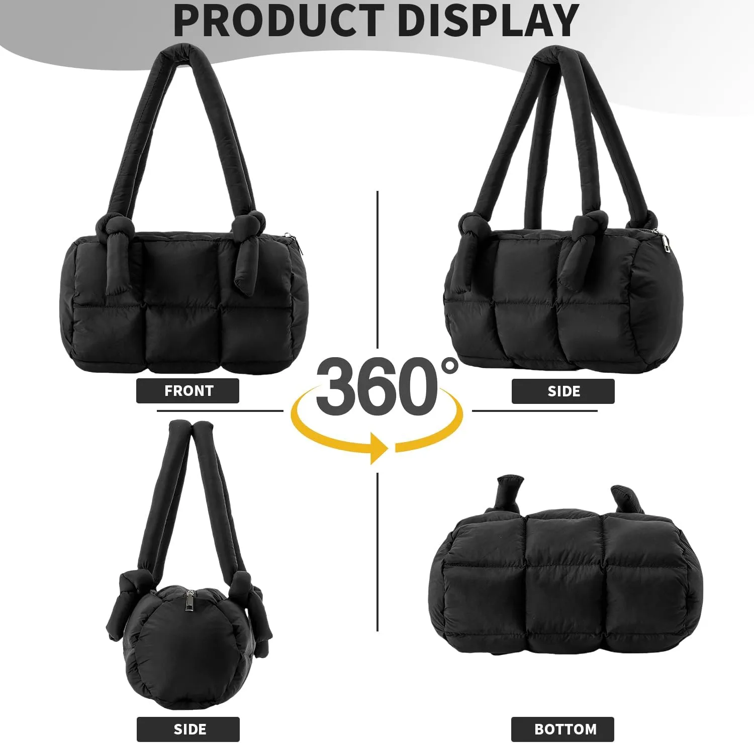 Herald Puffer Quilted Shoulder Bag for Women, Small Cute Nylon Puffy Boston Barrel Bag Tote Handbag Satchel Purse