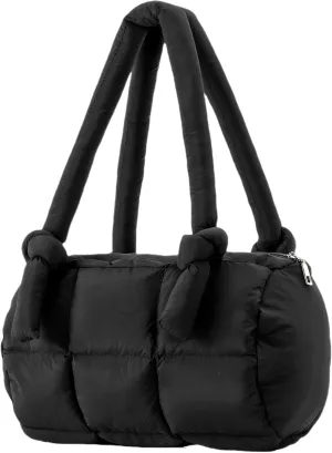 Herald Puffer Quilted Shoulder Bag for Women, Small Cute Nylon Puffy Boston Barrel Bag Tote Handbag Satchel Purse