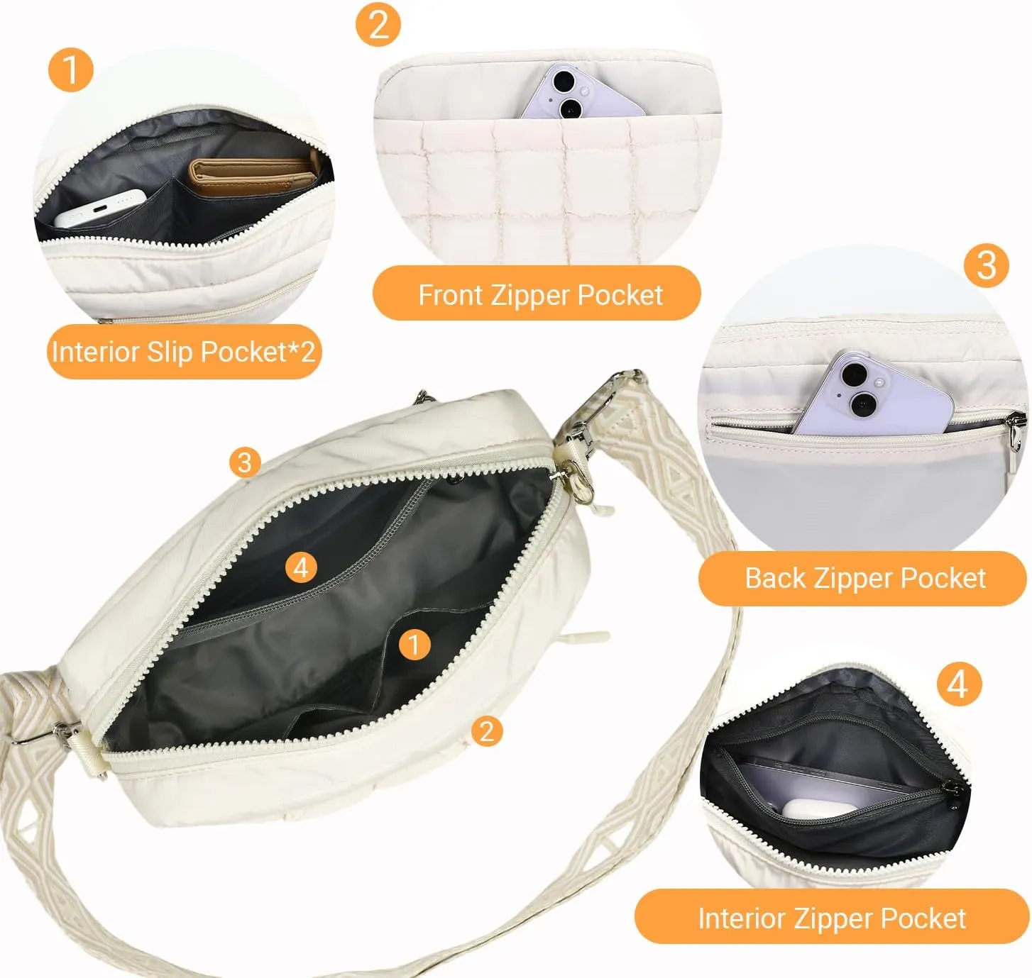 Herald Small Puffer Crossbody Bags for Women, Lightweight Nylon Quilted Shoulder Purse Handbag with Multiple Pockets
