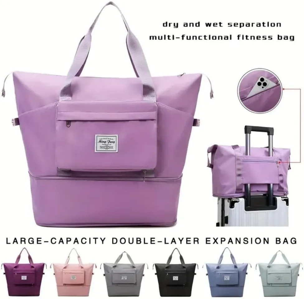High-Capacity Double-Layer Wet Separation Travelling Bag, Waterproof Duffel Bag, Large Capacity Foldable Travel Bag Expandable, Collapsible Carry On Tote Bags For Women (pink-A)