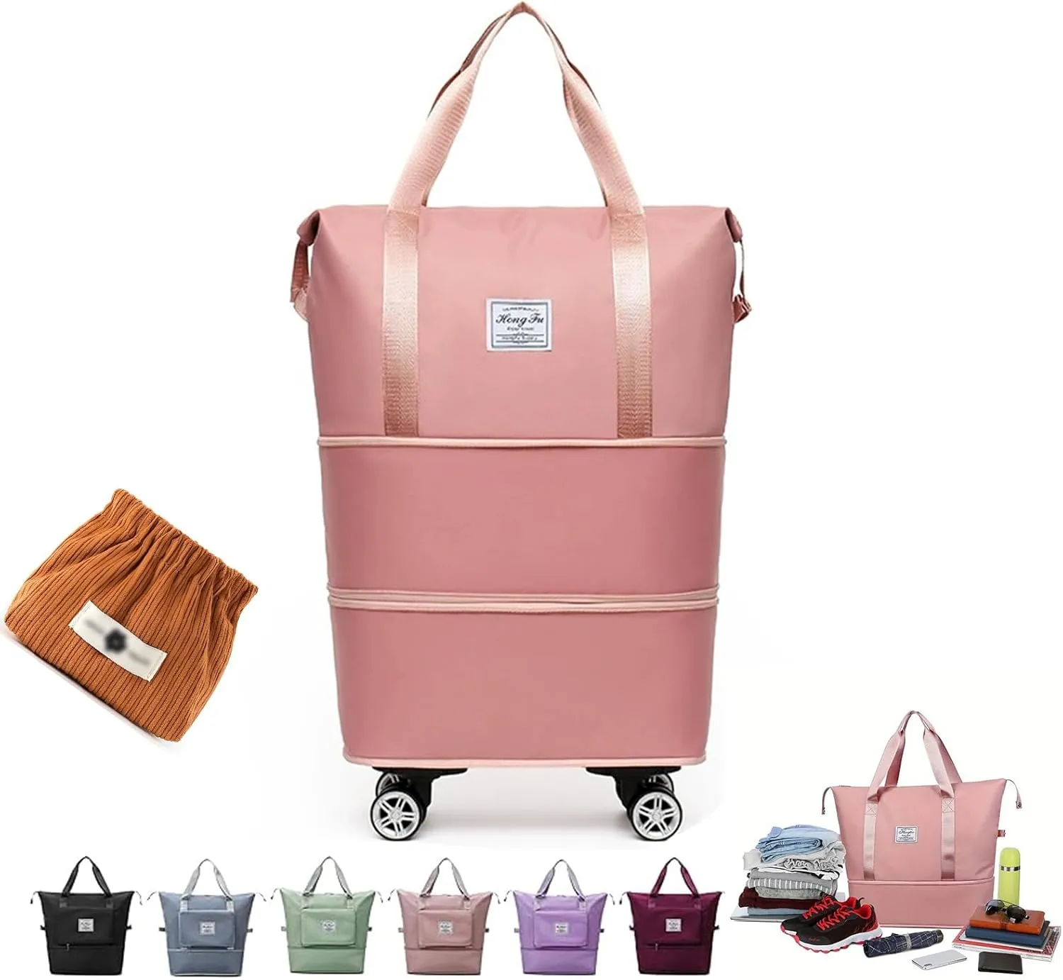 High-Capacity Double-Layer Wet Separation Travelling Bag, Waterproof Duffel Bag, Large Capacity Foldable Travel Bag Expandable, Collapsible Carry On Tote Bags For Women (pink-B)