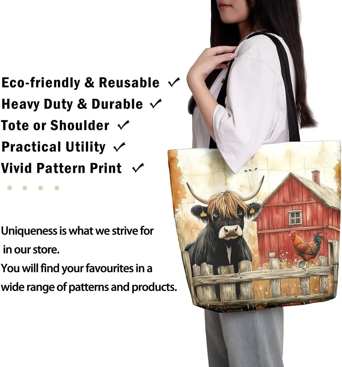 Highland Cattle Canvas Tote Bag,Western Farmhouse Travel Beach Bag,Large Capacity Grocery Bag for Shopping