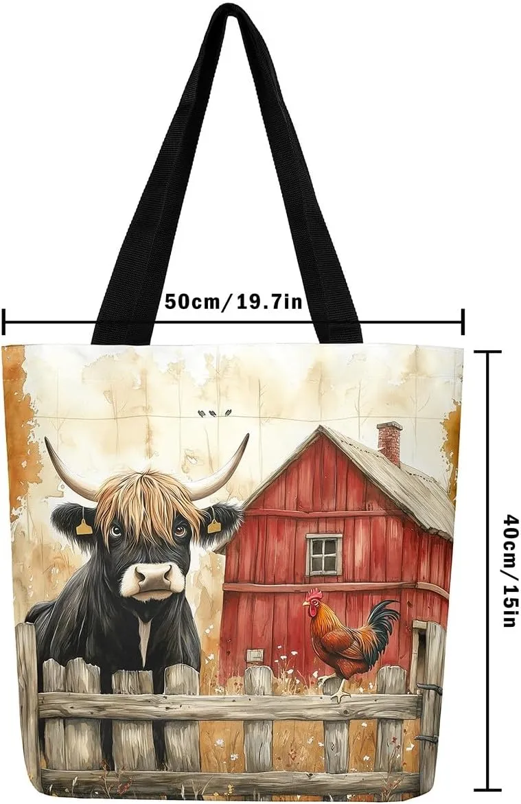 Highland Cattle Canvas Tote Bag,Western Farmhouse Travel Beach Bag,Large Capacity Grocery Bag for Shopping