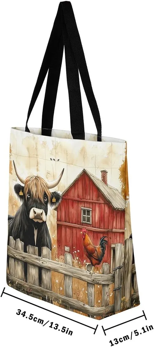 Highland Cattle Canvas Tote Bag,Western Farmhouse Travel Beach Bag,Large Capacity Grocery Bag for Shopping