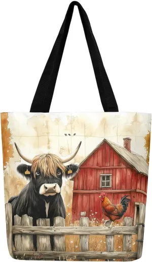 Highland Cattle Canvas Tote Bag,Western Farmhouse Travel Beach Bag,Large Capacity Grocery Bag for Shopping