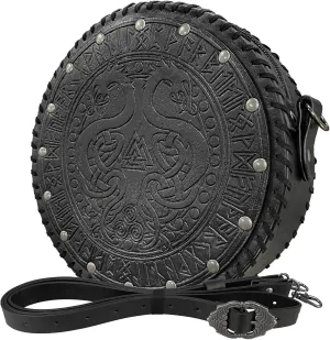 HiiFeuer Viking Embossed Crossbody Bag, Nordic Faux Leather Belt Bag Satchel Bag, Medieval Portable Cosplay Shoulder Bag (Black A)