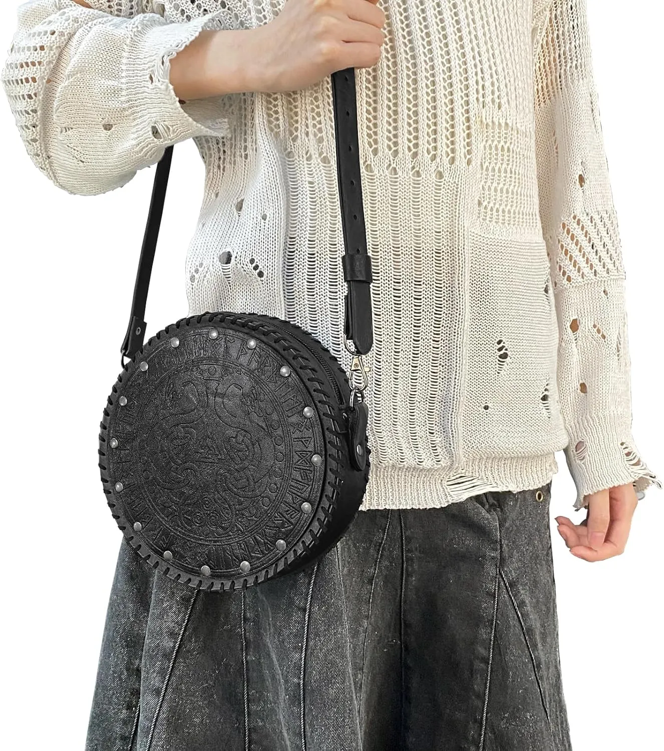HiiFeuer Viking Embossed Crossbody Bag, Nordic Faux Leather Belt Bag Satchel Bag, Medieval Portable Cosplay Shoulder Bag (Black A)