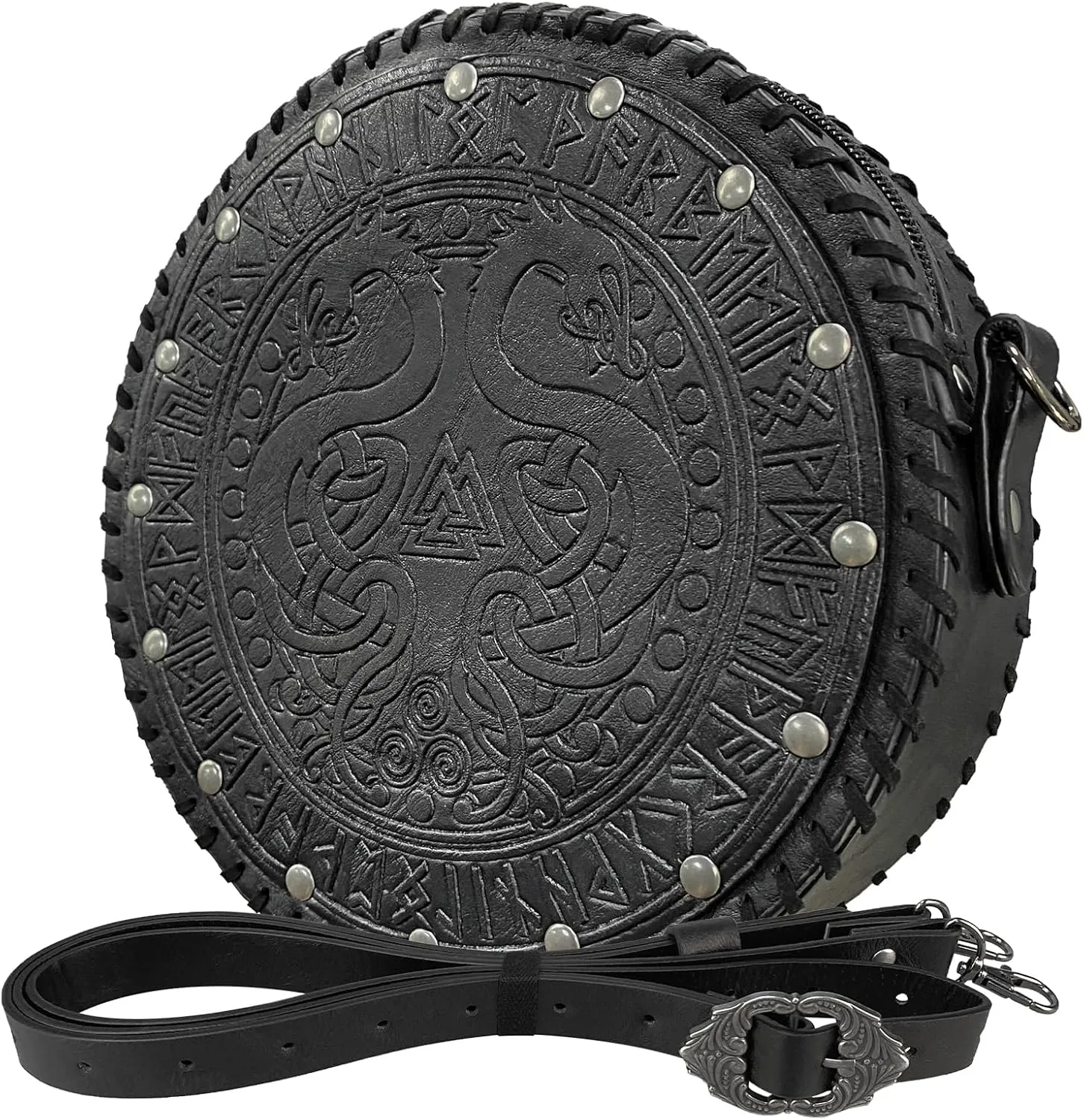 HiiFeuer Viking Embossed Crossbody Bag, Nordic Faux Leather Belt Bag Satchel Bag, Medieval Portable Cosplay Shoulder Bag (Black A)