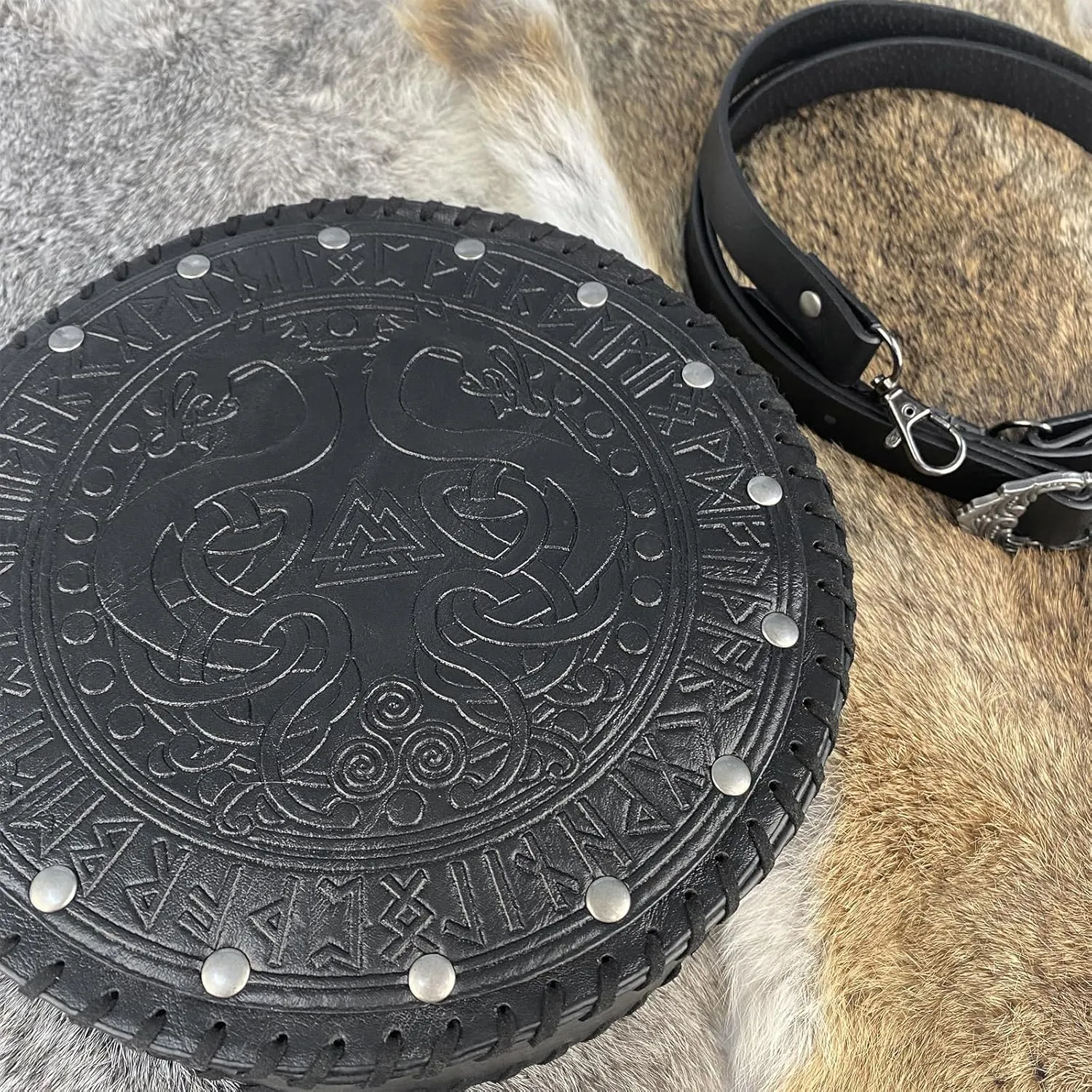 HiiFeuer Viking Embossed Crossbody Bag, Nordic Faux Leather Belt Bag Satchel Bag, Medieval Portable Cosplay Shoulder Bag (Black A)