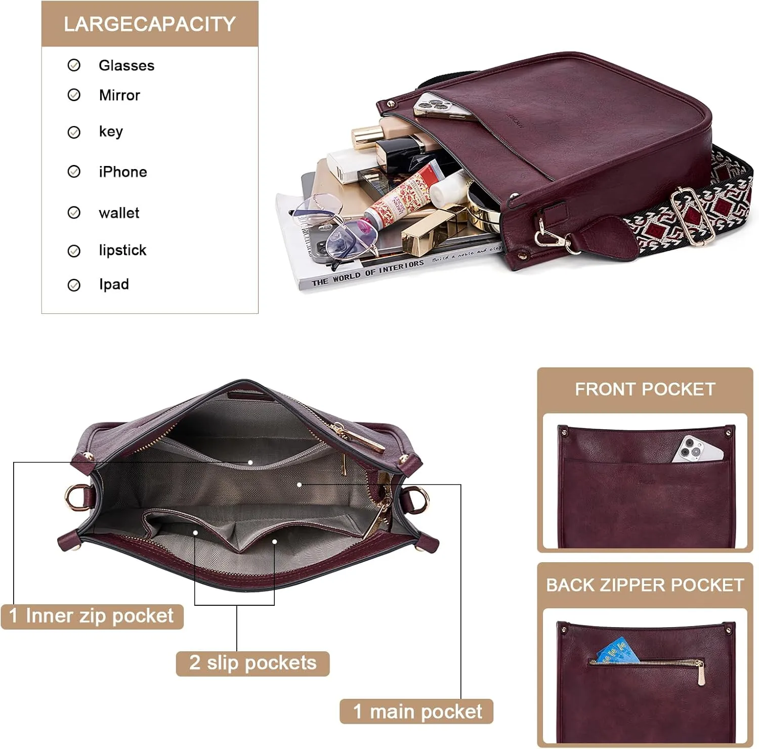 HKCLUF Crossbody Bags for Women Trendy Vegan Leather Hobo Handbags With 2PCS Adjustable Guitar Strap Shoulder Bucket Bags