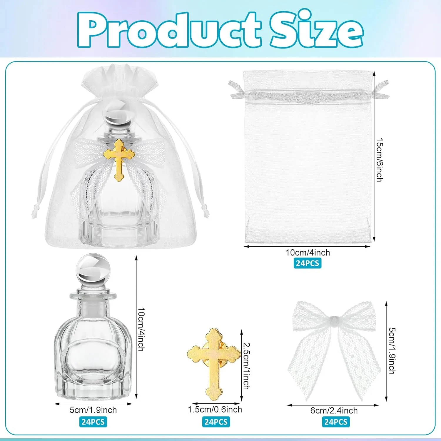 Holy Water Bottles Catholic Bulk Glass Baptism Favors for Guests Christian Water Container with Cross Organza Bags Bow for Holy Communion Gifts Church Wedding Baptism (24, Pure White)