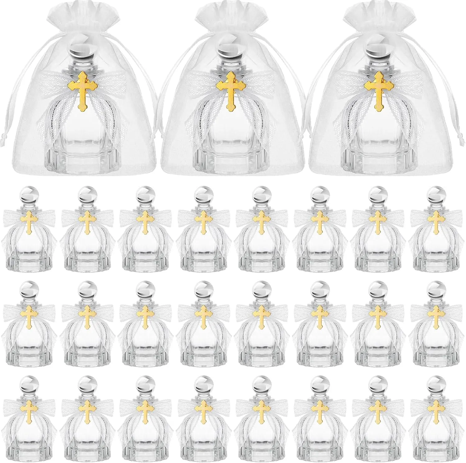 Holy Water Bottles Catholic Bulk Glass Baptism Favors for Guests Christian Water Container with Cross Organza Bags Bow for Holy Communion Gifts Church Wedding Baptism (24, Pure White)