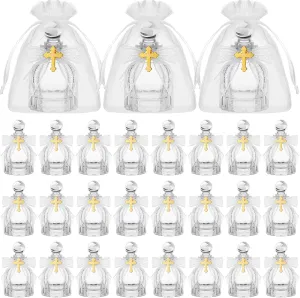 Holy Water Bottles Catholic Bulk Glass Baptism Favors for Guests Christian Water Container with Cross Organza Bags Bow for Holy Communion Gifts Church Wedding Baptism (24, Pure White)