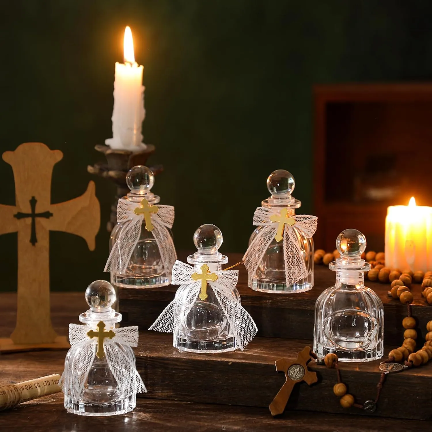 Holy Water Bottles Catholic Bulk Glass Baptism Favors for Guests Christian Water Container with Cross Organza Bags Bow for Holy Communion Gifts Church Wedding Baptism (24, Pure White)