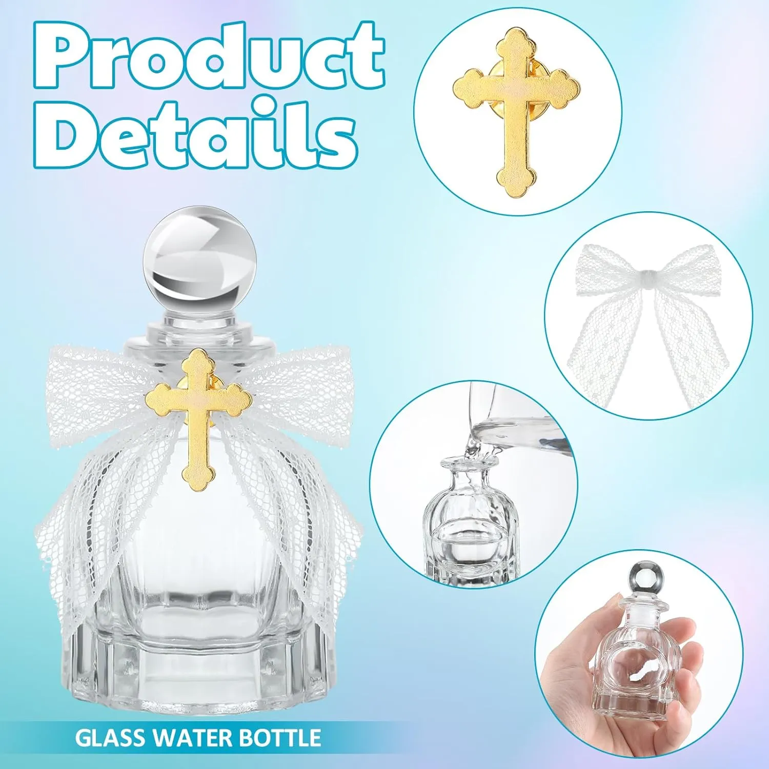 Holy Water Bottles Catholic Bulk Glass Baptism Favors for Guests Christian Water Container with Cross Organza Bags Bow for Holy Communion Gifts Church Wedding Baptism (24, Pure White)