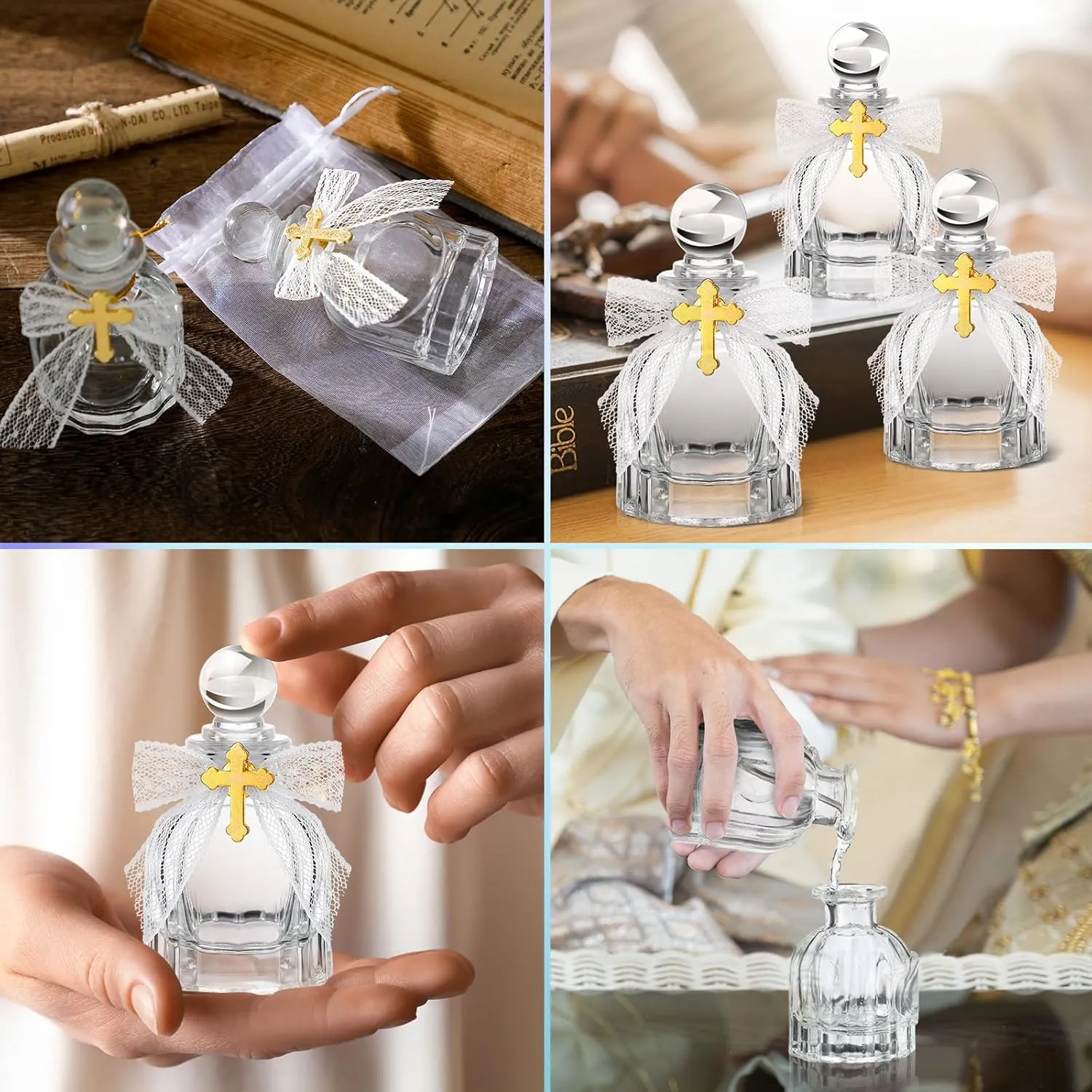 Holy Water Bottles Catholic Bulk Glass Baptism Favors for Guests Christian Water Container with Cross Organza Bags Bow for Holy Communion Gifts Church Wedding Baptism (24, Pure White)