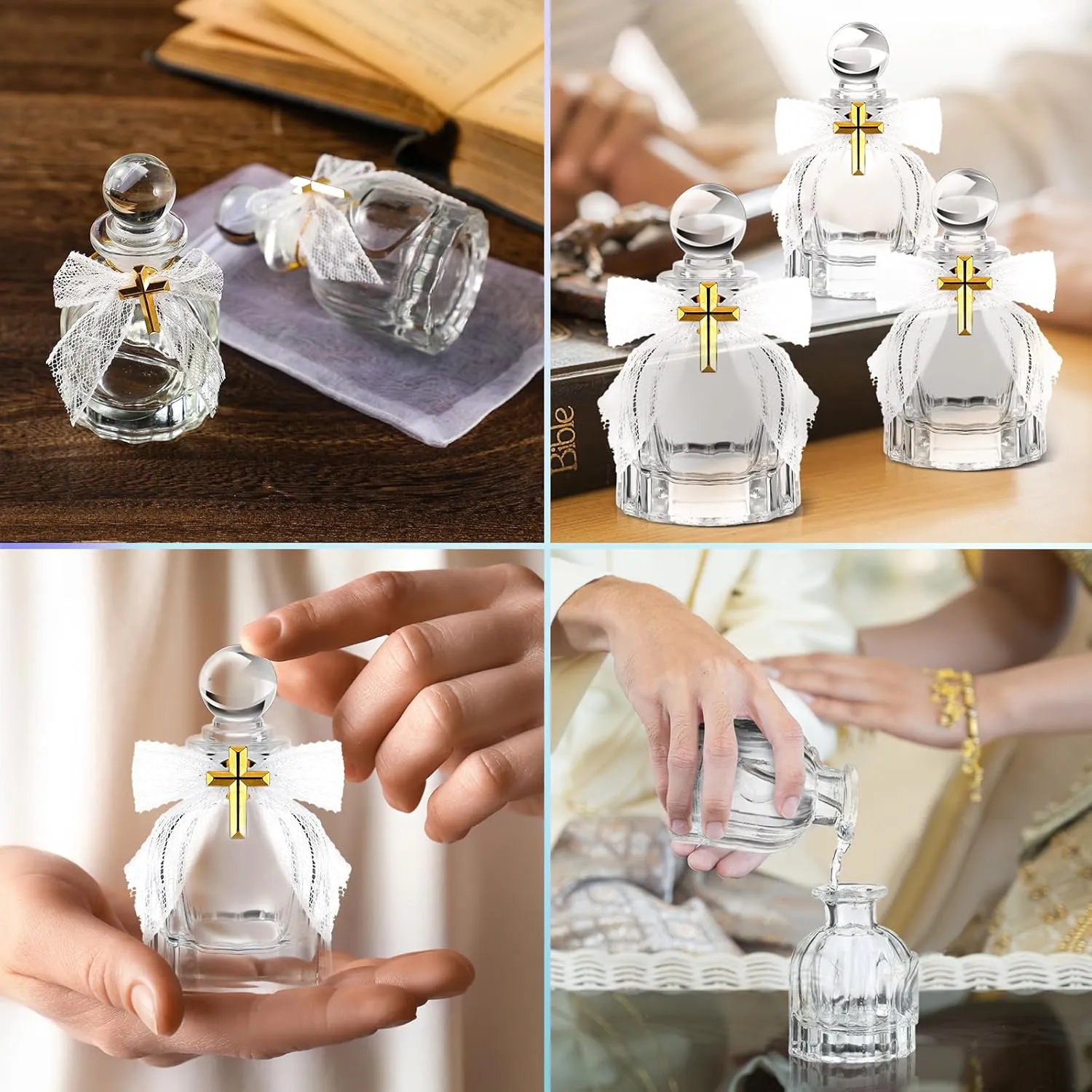 Holy Water Bottles Catholic Bulk Glass Baptism Favors for Guests Christian Water Container with Cross Organza Bags Bow for Holy Communion Gifts Church Wedding Baptism (White,24 Set)